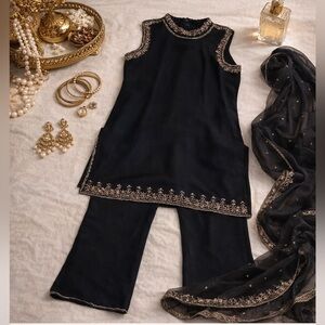 🖤Punjabi 3-Piece Black Beaded Formal Set | Tunic + Pants + Wrap | Size M✨